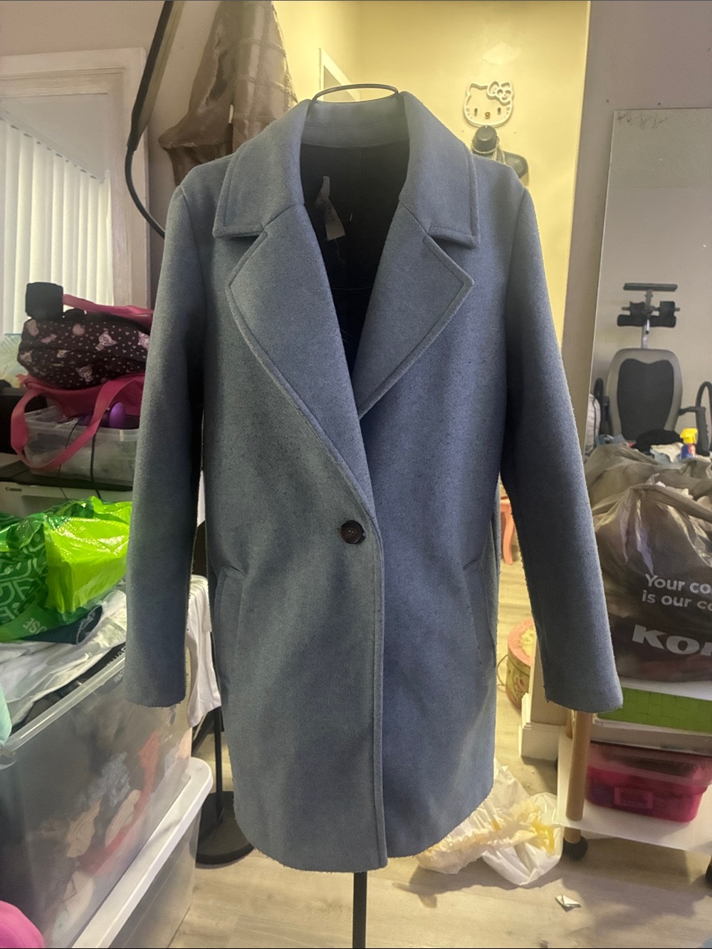 Love Tree Single-Button Long Pea Coat in Dusty Blue